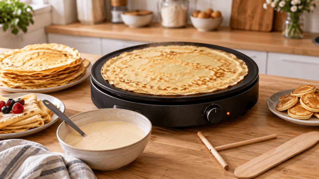Crêpière électrique avec une grande crêpe, de la pâte et des accessoires en bois