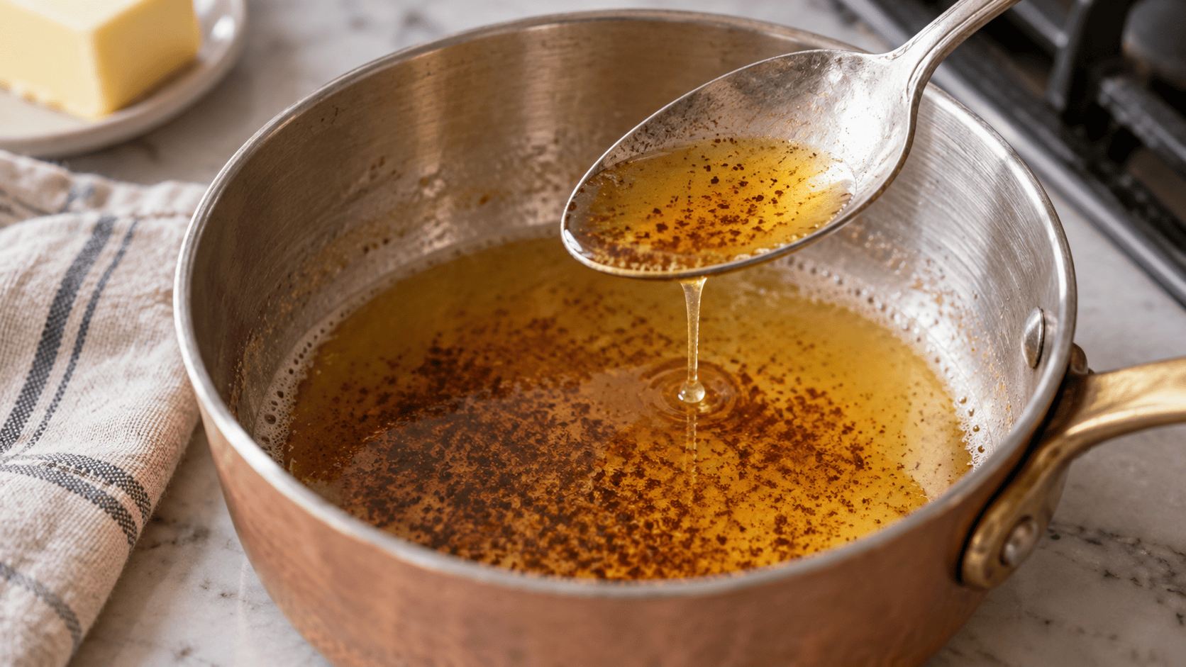 Beurre noisette ambré avec de petits dépôts dorés dans une casserole