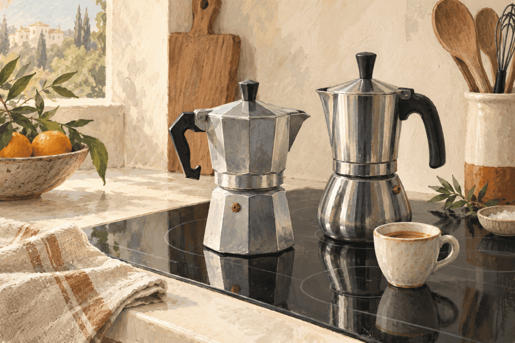 Illustration de deux cafetières moka aux chaudières de formes différentes