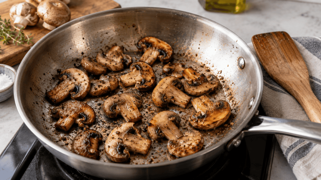 Champignons de Paris dorés et espacés dans une poêle en inox