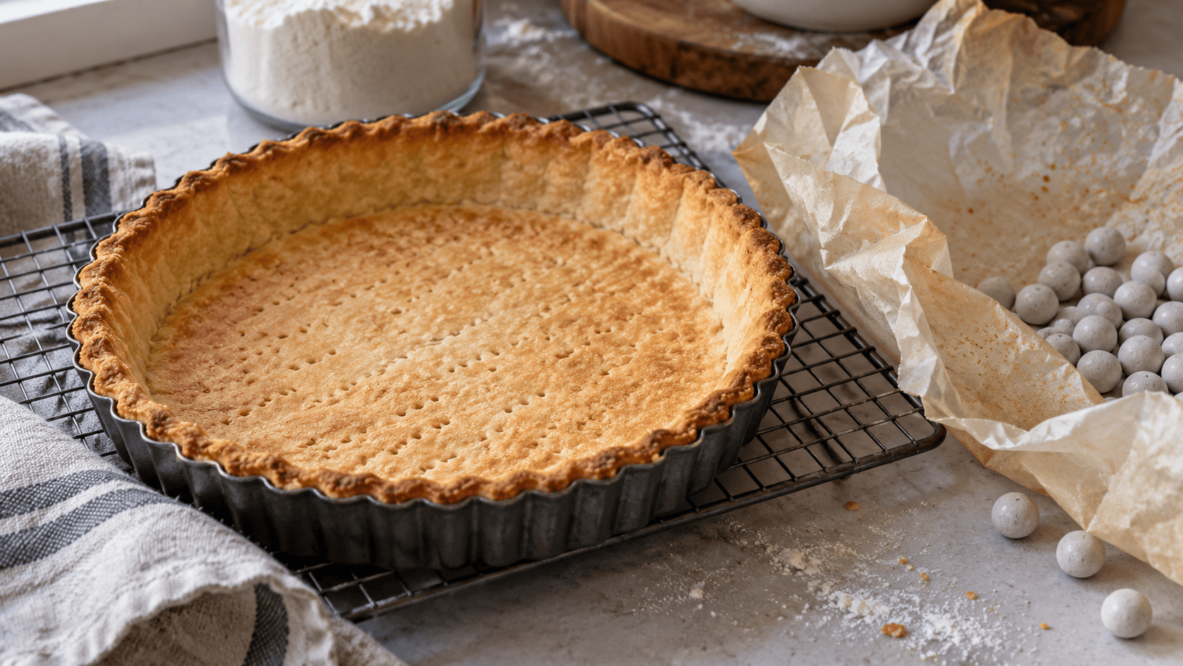 Fond de tarte doré dans un moule métallique après cuisson à blanc