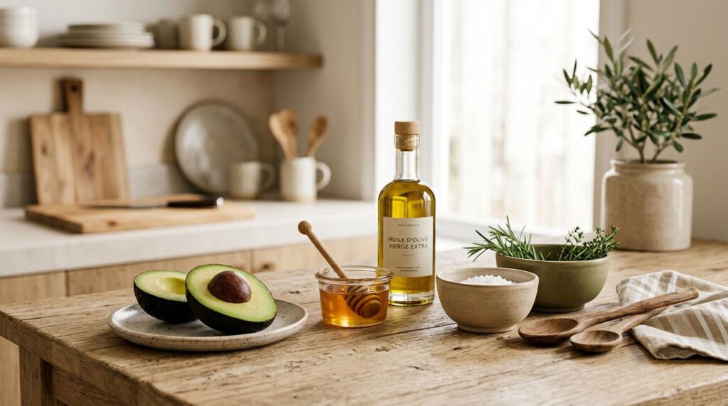 Miel, avocat et huile d'olive disposés sur un plan de travail pour une routine beauté maison
