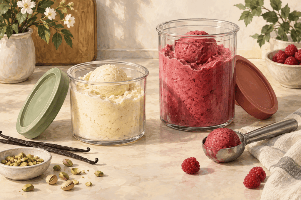 Illustration de deux pots de desserts glacés à la vanille et à la framboise