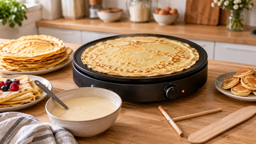 Crêpière électrique avec une grande crêpe, de la pâte et des accessoires en bois