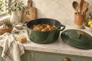 Illustration d’une cocotte verte à intérieur noir avec son couvercle