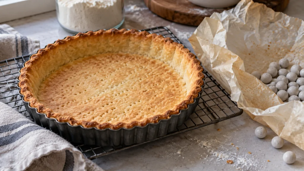 Fond de tarte doré dans un moule métallique après cuisson à blanc