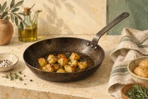Illustration d’une poêle en acier patiné avec des pommes de terre dorées