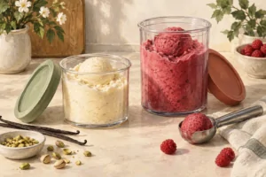 Illustration de deux pots de desserts glacés à la vanille et à la framboise